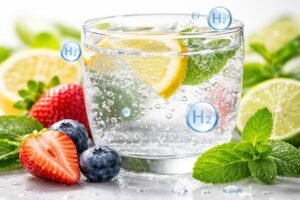 Portable hydrogen glass of water generating antioxidant-rich hydrogen water for daily hydration and wellness.