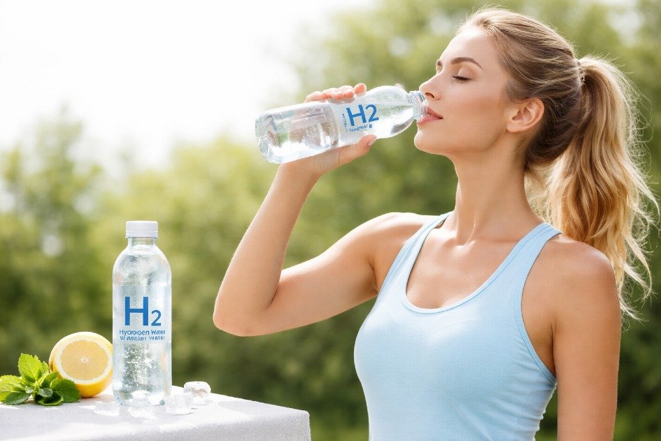 Woman drinking hydrogen water outdoors for hydration.