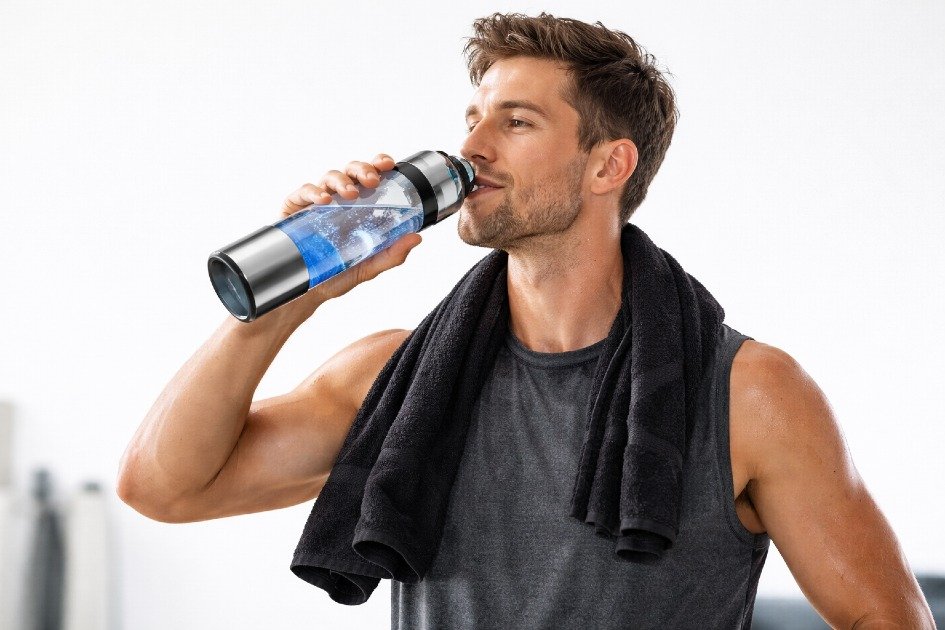 Athlete using hydrogen water bottle after a workout.