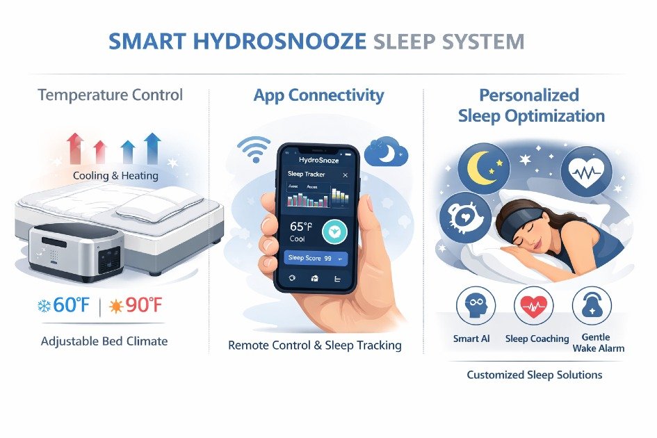Smart HydroSnooze sleep system showcasing temperature control, app connectivity, and personalized sleep optimization features