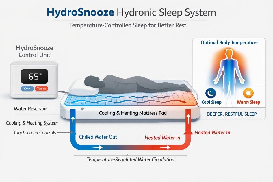 HydroSnooze mattress pad shown on a modern bed highlighting temperature control and comfort for hot sleepers, couples, and recovery-focused users