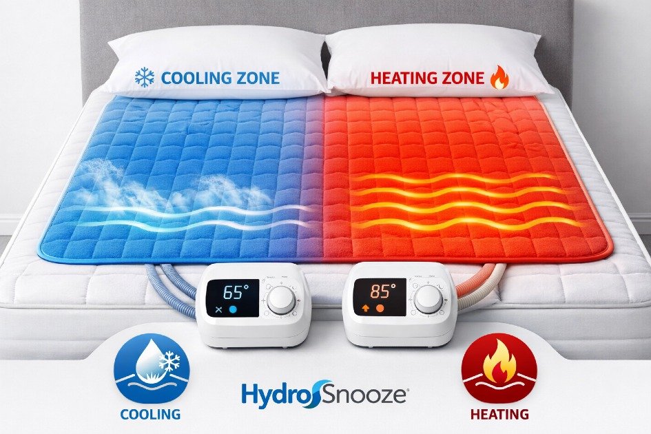HydroSnooze mattress pad showing dual temperature control with cooling and heating zones for improved sleep comfort