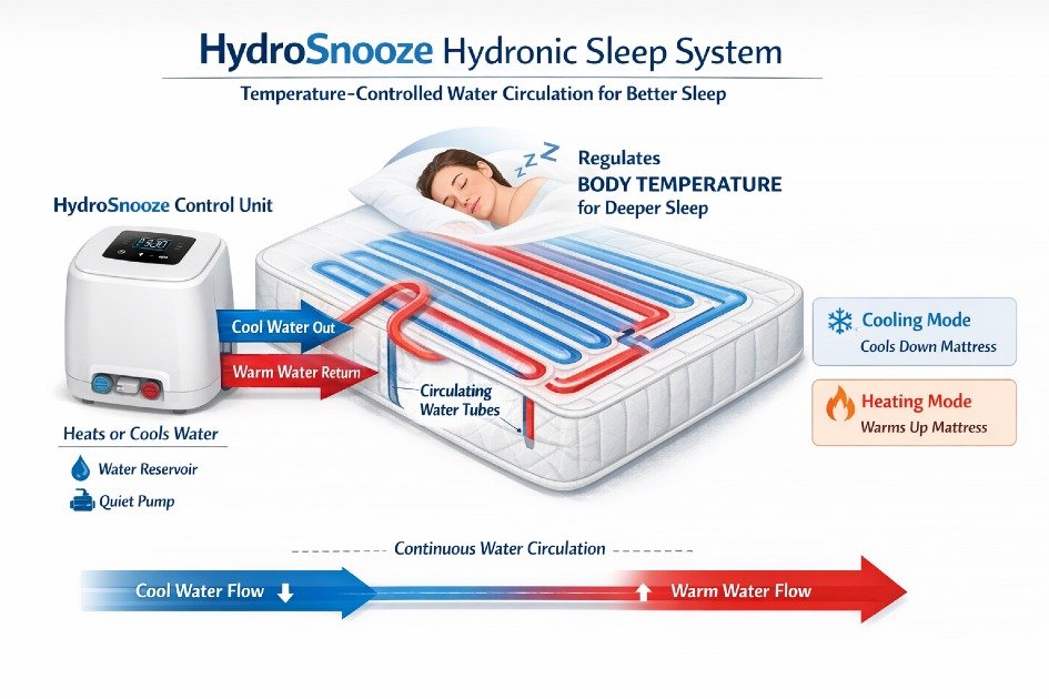 Diagram showing how the HydroSnooze hydronic sleep system circulates temperature-controlled water through a mattress pad to regulate body temperature for deeper sleep.