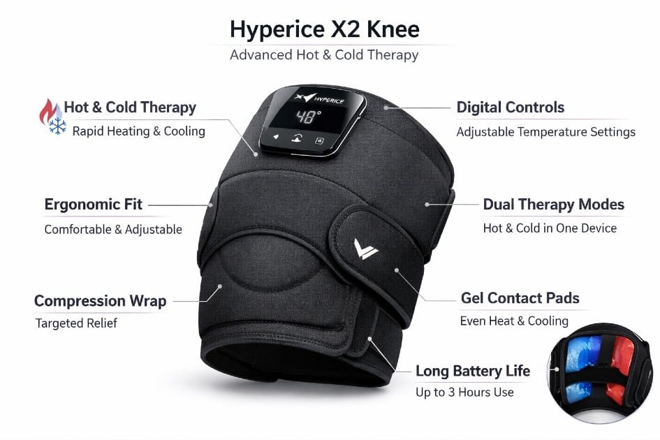 Hyperice X2 Knee massager showing key features and ergonomic design for pain relief