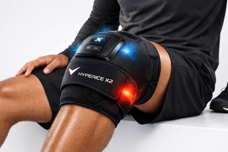 Hyperice X2 Knee device on an athlete’s knee demonstrating recovery and pain relief