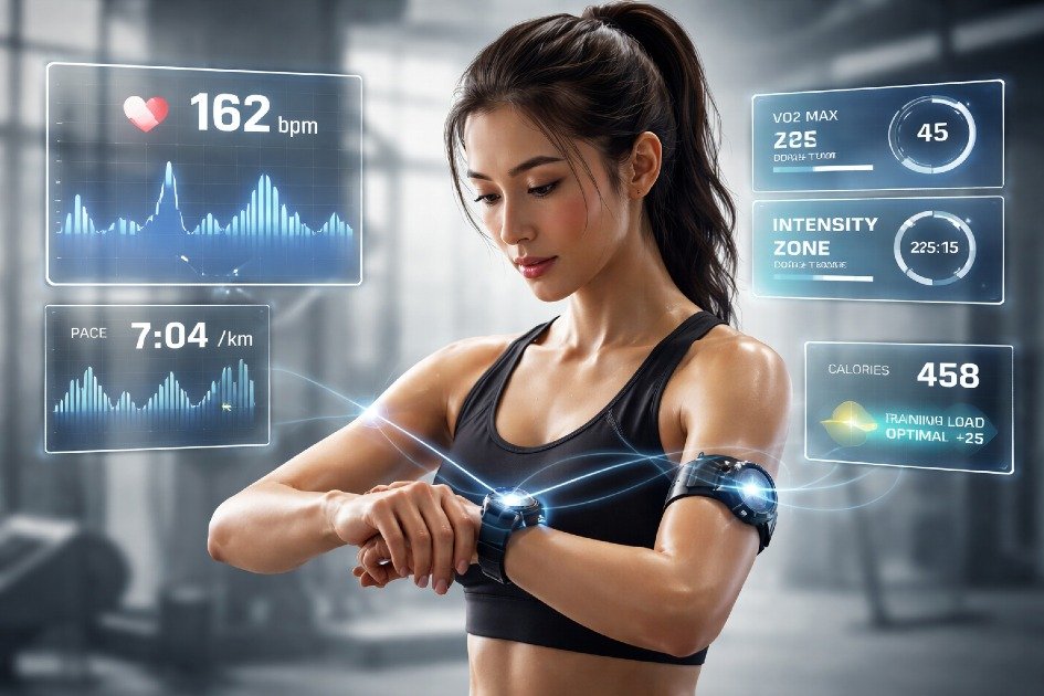 AI-powered fitness wearable tracking heart rate and performance metrics during adaptive training workout