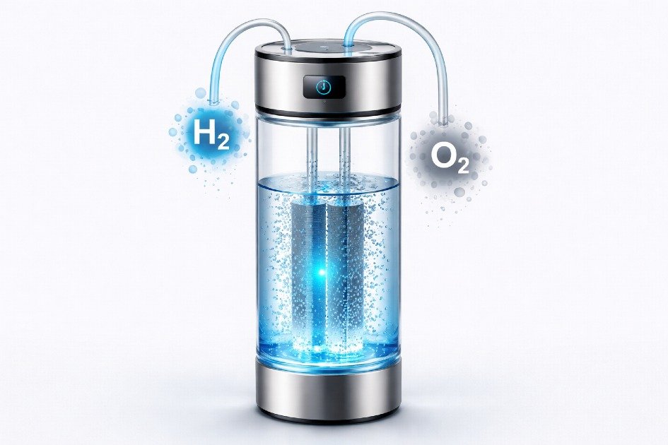 Hydrogen water bottle showing key features including electrolysis technology, portable design, and rechargeable base.