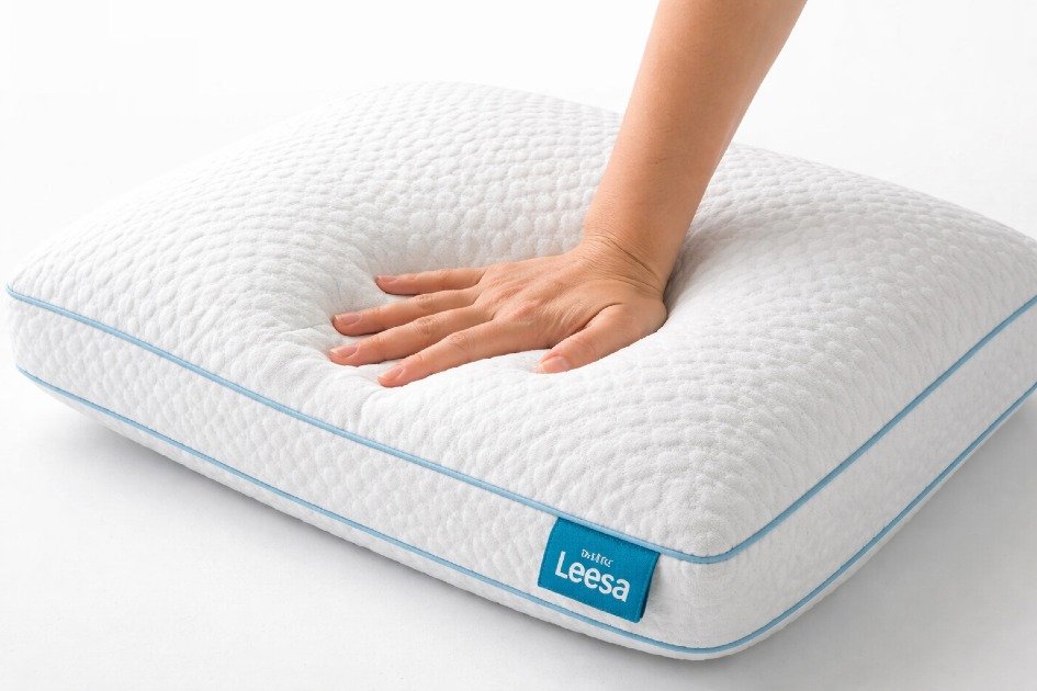 Hand pressing Leesa Ultra Cool Memory Foam Pillow to demonstrate memory foam softness