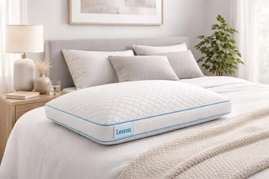 Leesa Ultra Cool Memory Foam Pillow styled on a contemporary bedroom bed