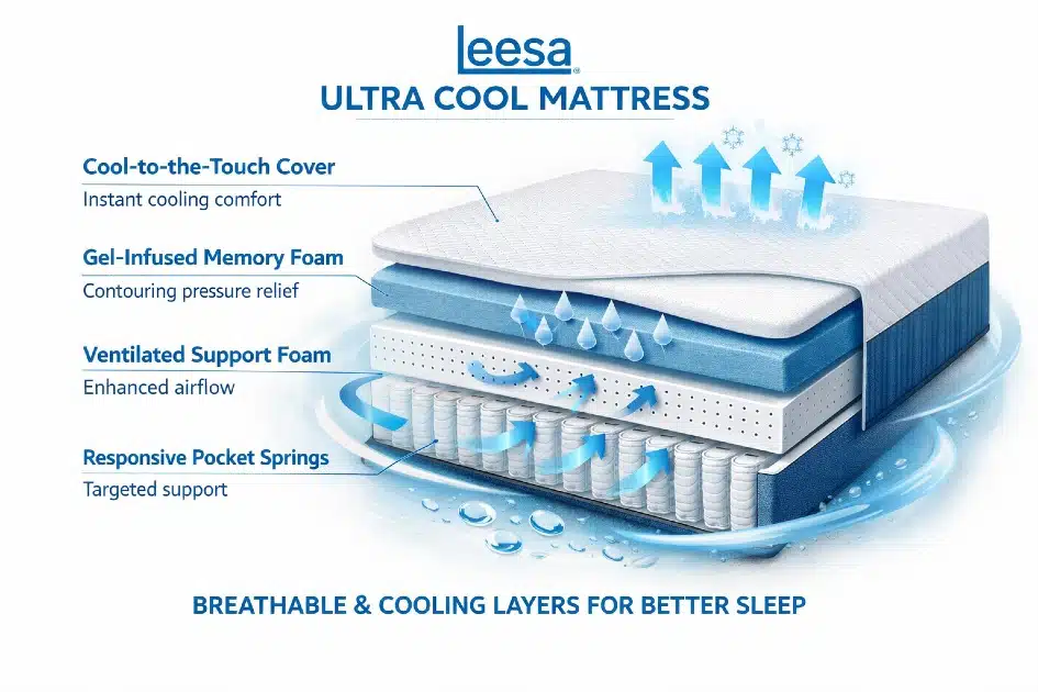 Leesa Ultra Cool mattress showing breathable layers and cooling technology for better sleep.