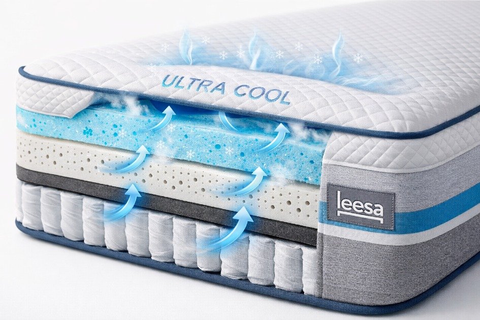Close-up of Leesa Ultra Cool mattress highlighting cooling technology and premium foam layers for better sleep.