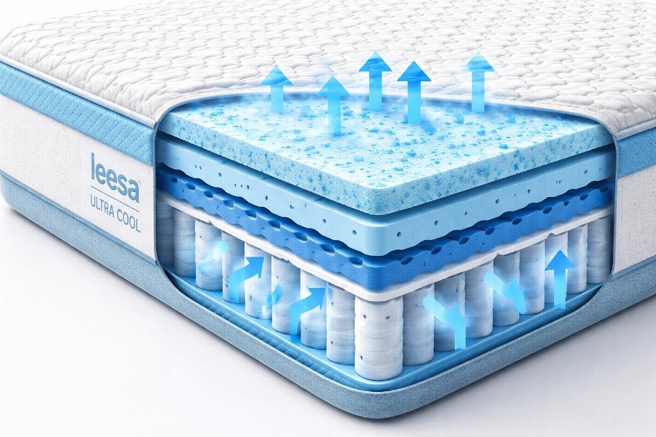 Close-up of Leesa Ultra Cool mattress showing cooling gel layers and airflow design for optimal sleep temperature