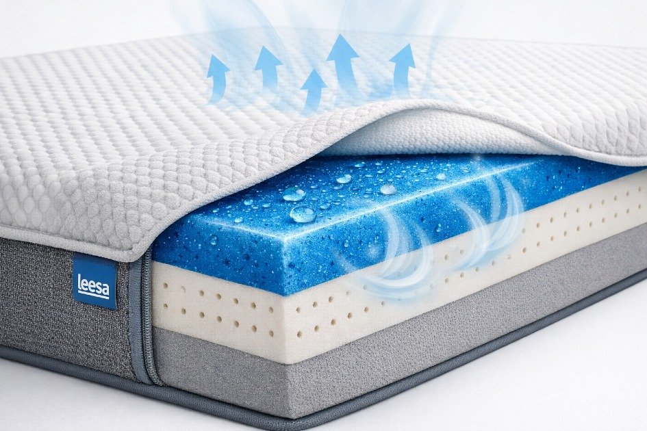 Close-up view of the Leesa Ultra Cool mattress highlighting its cooling gel layer and breathable design for optimal sleep comfort