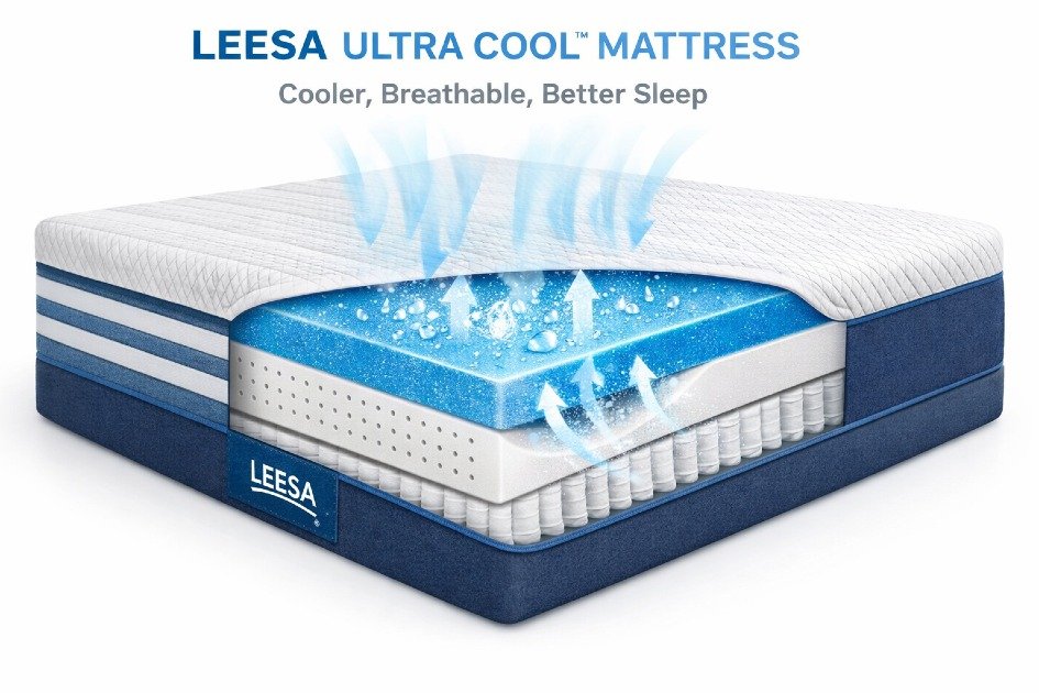 Leesa Ultra Cool mattress showing cooling gel layer and breathable design for better sleep