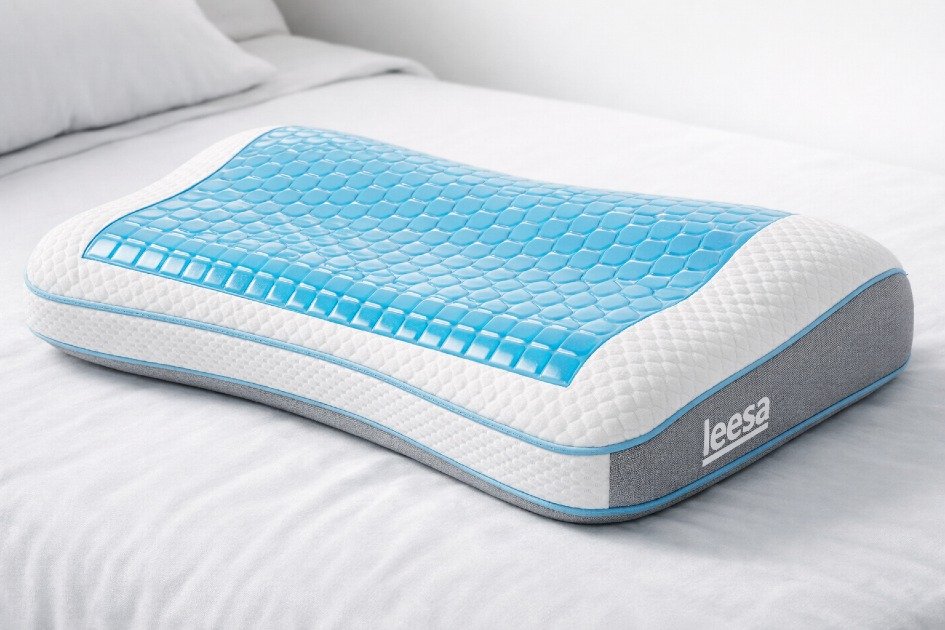 Close-up of Leesa Ultra Cool Memory Foam Pillow on a bed, highlighting cooling gel and ergonomic design.