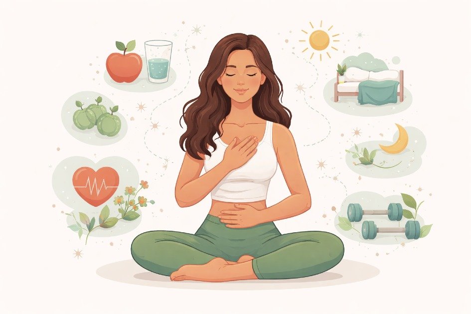 Woman practicing mindfulness and tuning into her body’s signals for health and wellness