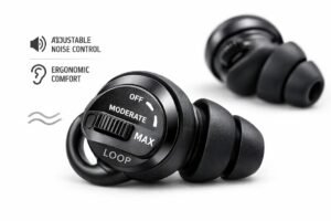 Close-up of Loop Switch 2 adjustable earplugs highlighting noise reduction and ergonomic design.