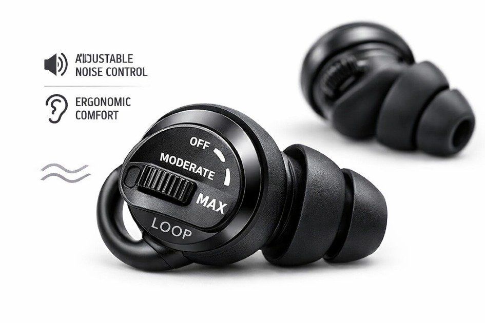 Close-up of Loop Switch 2 adjustable earplugs highlighting noise reduction and ergonomic design.