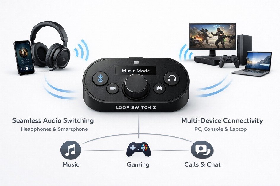 Loop Switch 2 showing seamless audio control and wireless connectivity benefits