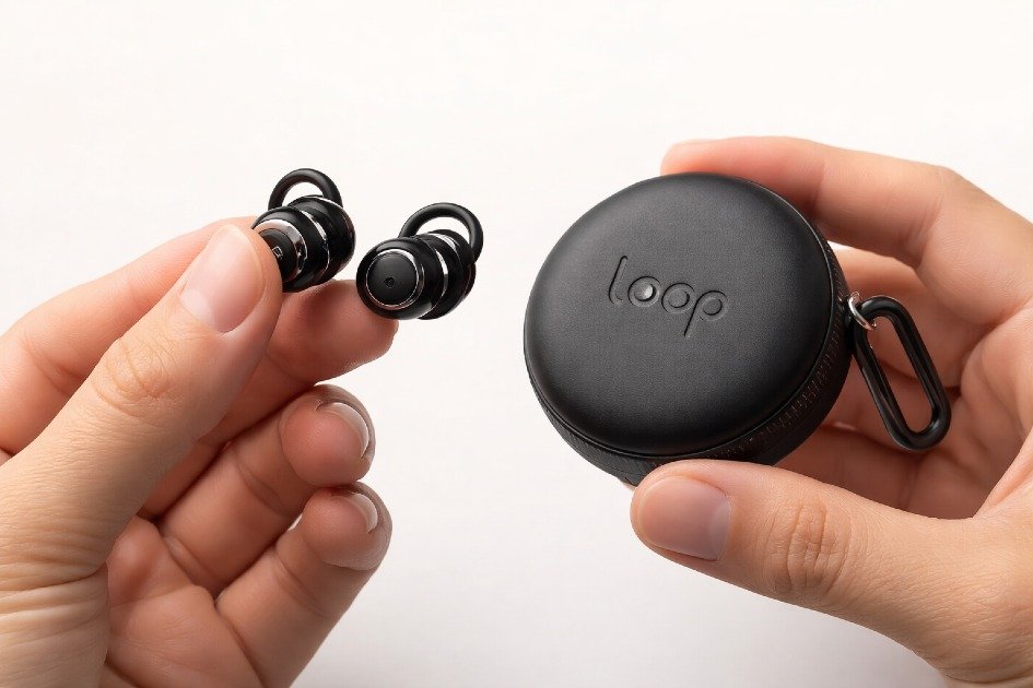 Loop Switch 2 earplugs neatly stored in a small carrying case.