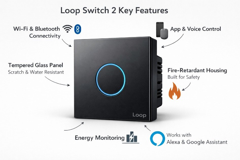 Sleek Loop Switch 2 with labeled key features highlighting smart connectivity and durability