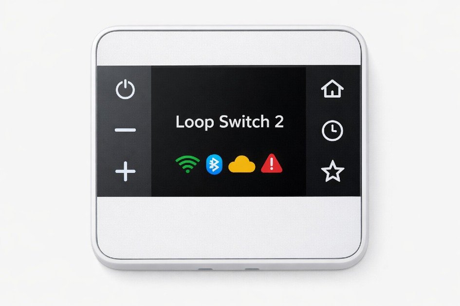 Close-up of Loop Switch 2 smart home controller showing buttons and connectivity indicators for pros and cons comparison.