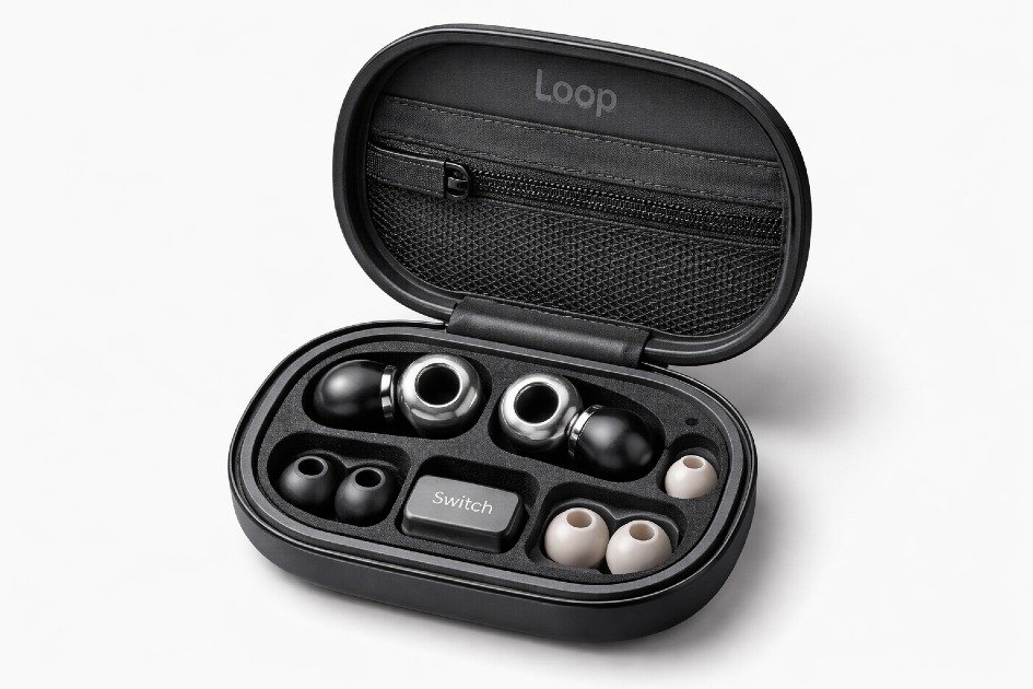 Pair of Loop Switch 2 earplugs inside a sleek carrying case for travel.