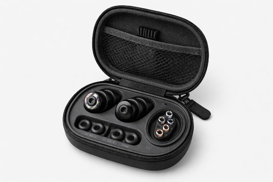Open travel case showing Loop Switch 2 adjustable earplugs.
