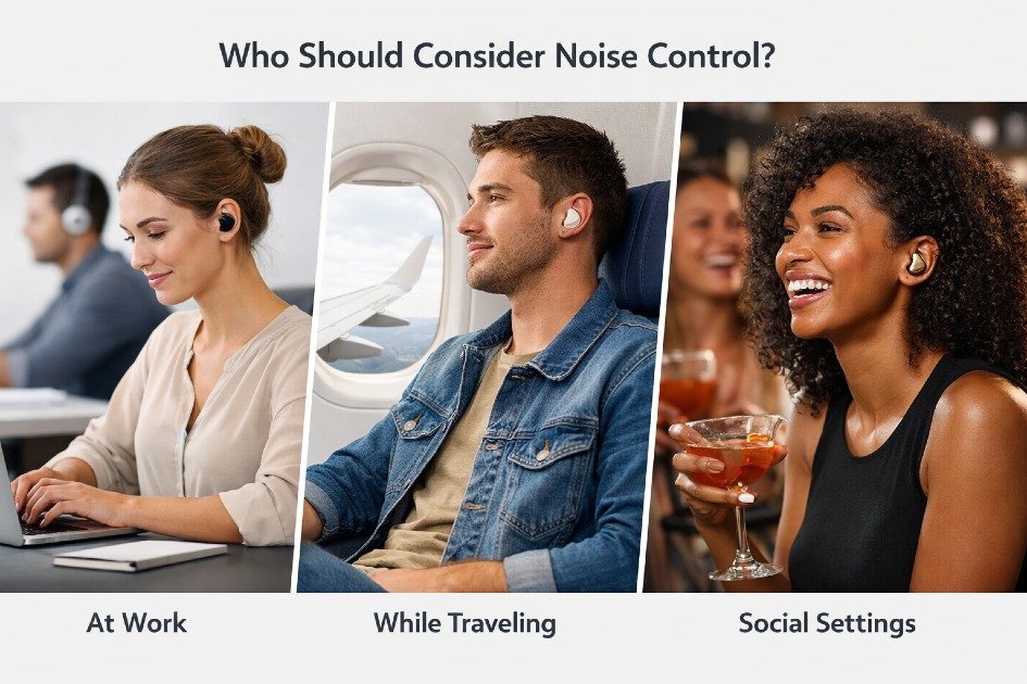 People using Loop Switch 2 earplugs in different environments like work, travel, and social settings for customizable noise control