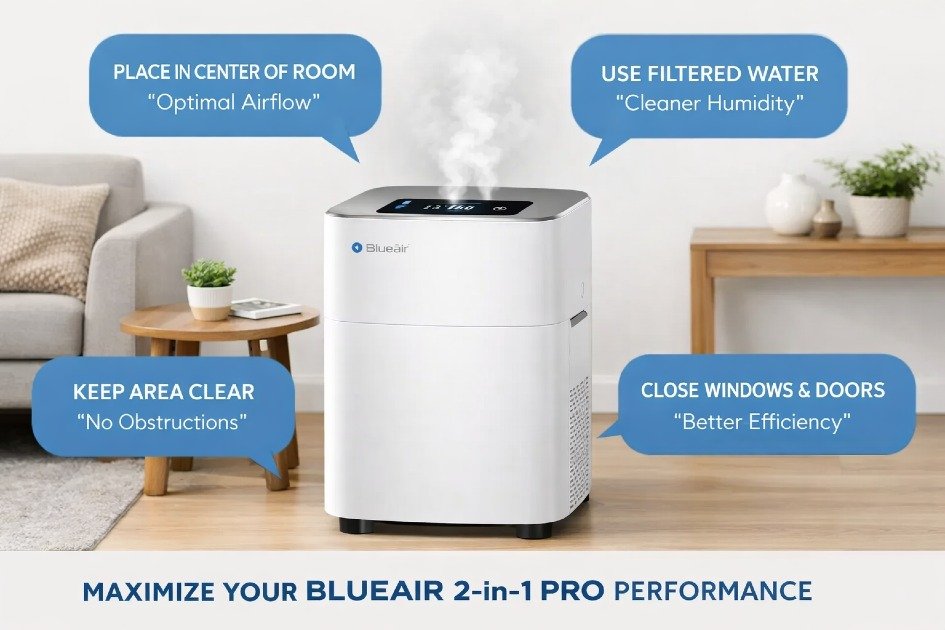 Blueair 2-in-1 Pro air purifier and humidifier in modern home setting, optimizing performance tips