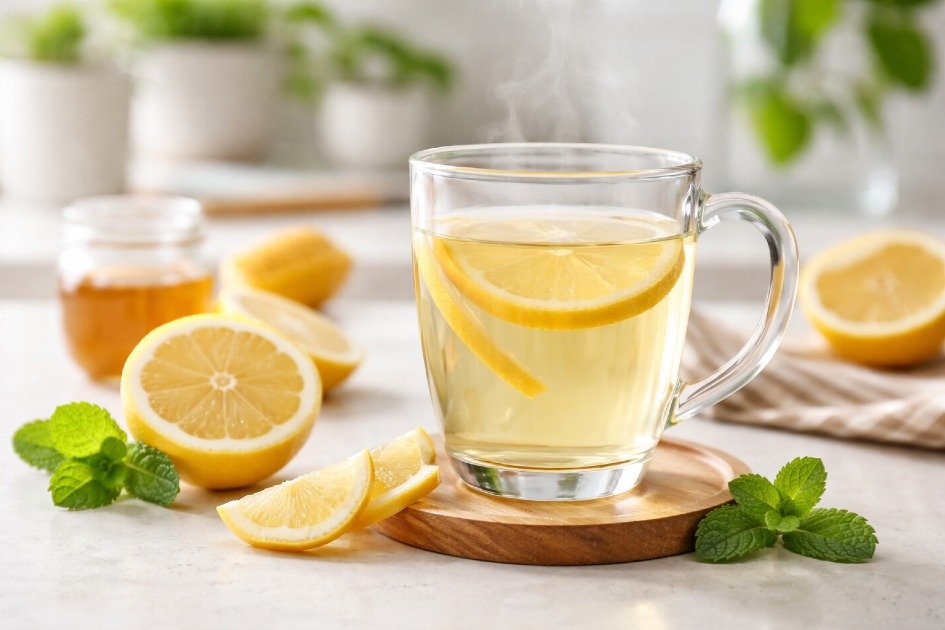 Glass of warm lemon water on a kitchen counter for morning detox and hydration