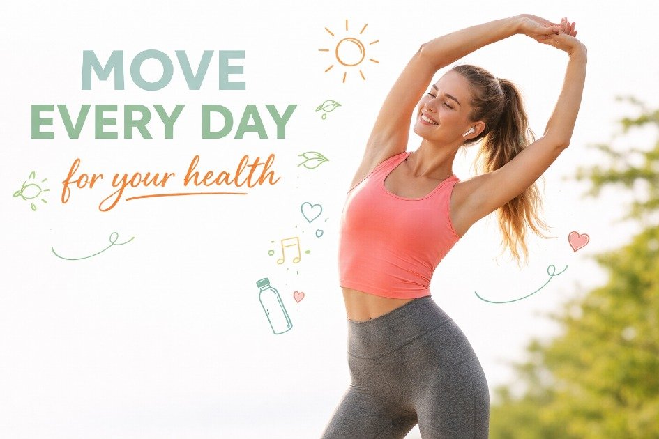 Woman stretching outdoors with perfect posture, promoting daily movement for health