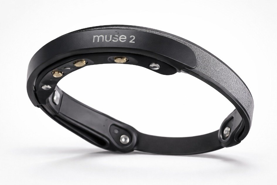 Close-up of MUSE 2 headband showing sensors in use, ideal for meditation and brain training.