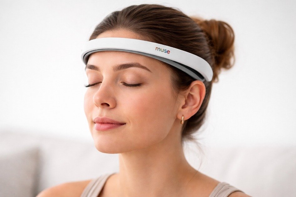Close-up of the Muse 2 brain-sensing headband in use for meditation and mental focus