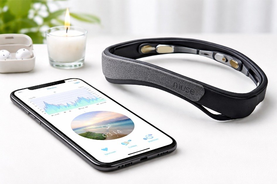 Smart meditation device MUSE 2 monitoring brain waves and relaxation