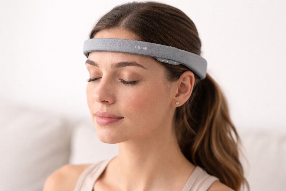 Close-up of MUSE 2 meditation headband worn during mindfulness session
