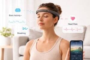 Muse 2 headband worn during meditation tracking brain activity, breathing, and heart rate in real time