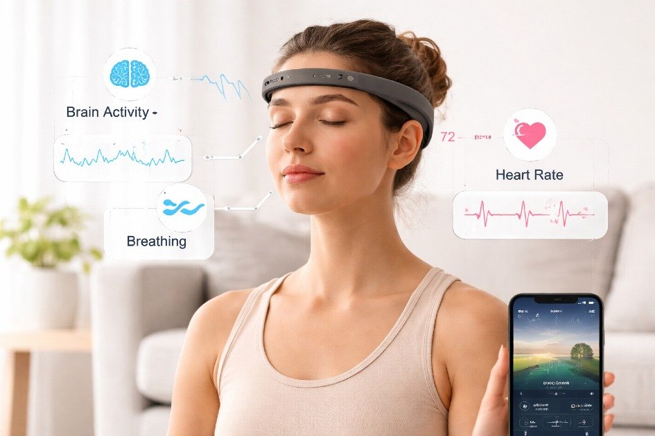 Muse 2 headband worn during meditation tracking brain activity, breathing, and heart rate in real time