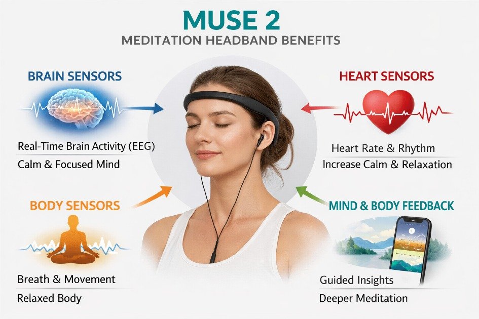 MUSE 2 headband tracking brain, heart, and body signals for meditation benefits