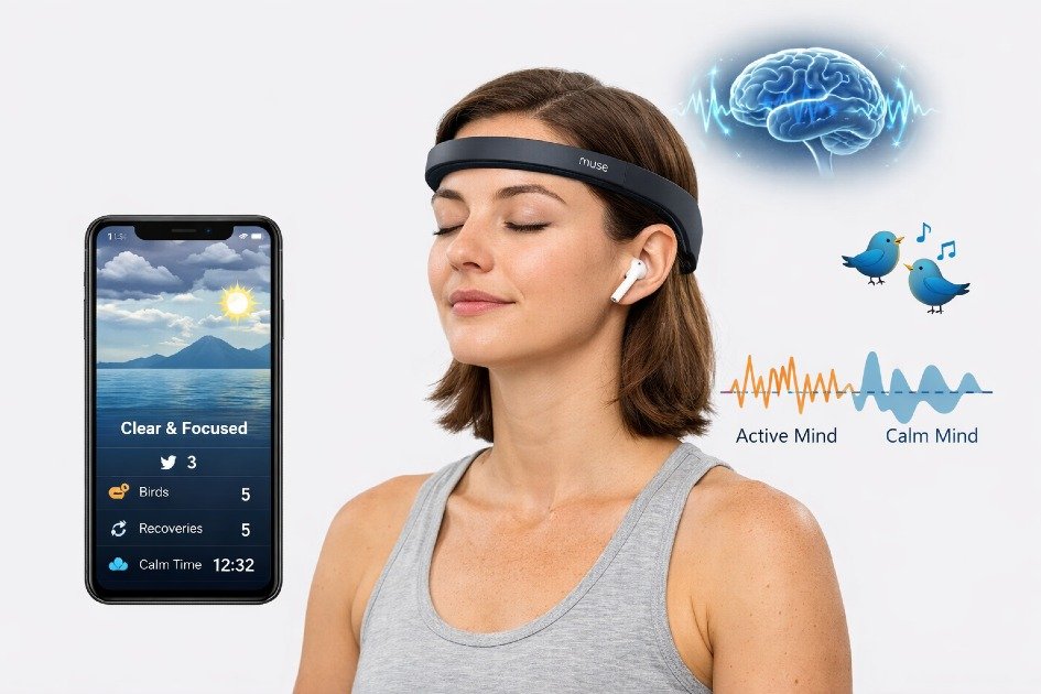 MUSE 2 headband guiding a user through neurofeedback meditation for mental clarity and focus