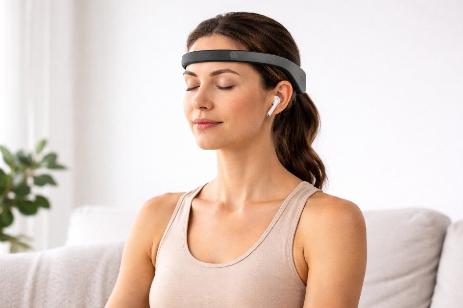 Person using MUSE 2 headband for stress reduction and focus training