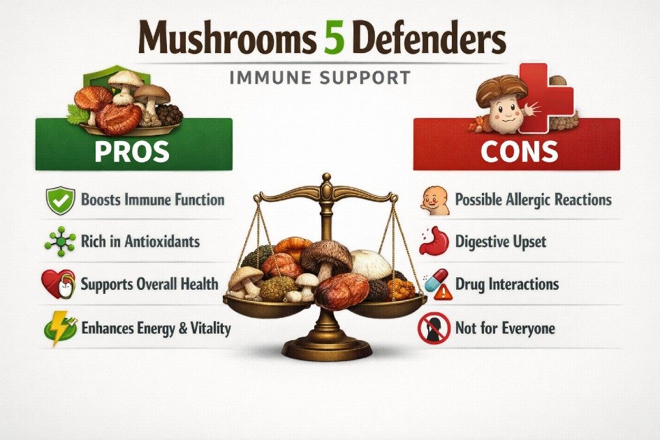 Mushrooms 5 Defenders supplement benefits and drawbacks for immune support