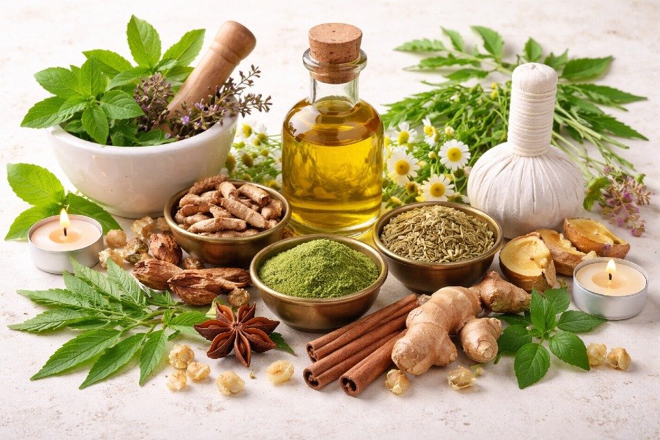 Calming Ayurvedic herbs and oils promoting natural stress relief and wellness