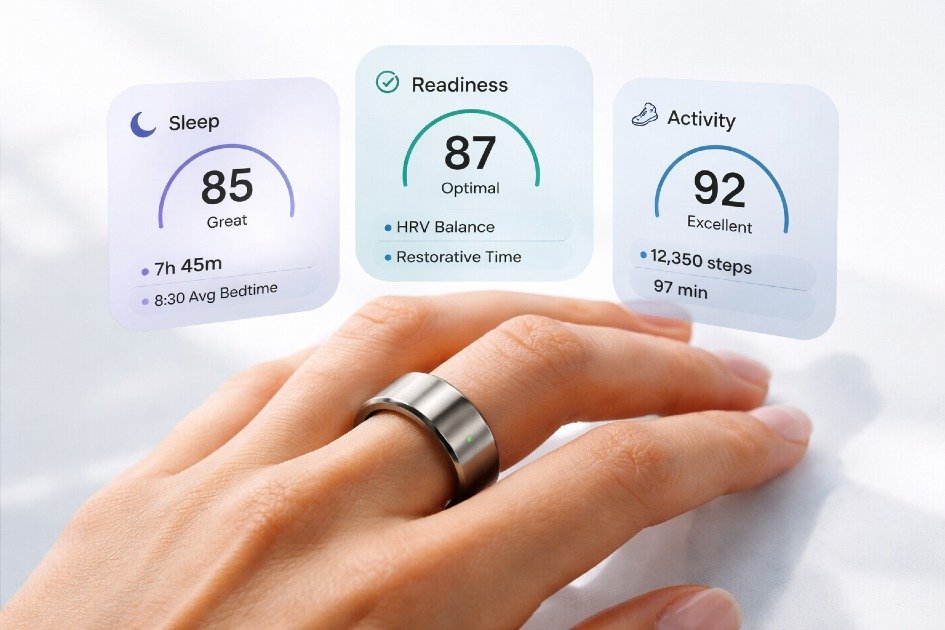 Oura Ring 4 on a finger showing health tracking features for sleep, activity, and readiness.