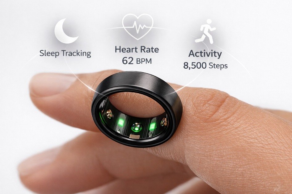 Close-up of the Oura Ring 4 tracking sleep, activity, and heart rate on a finger with a sleek background.