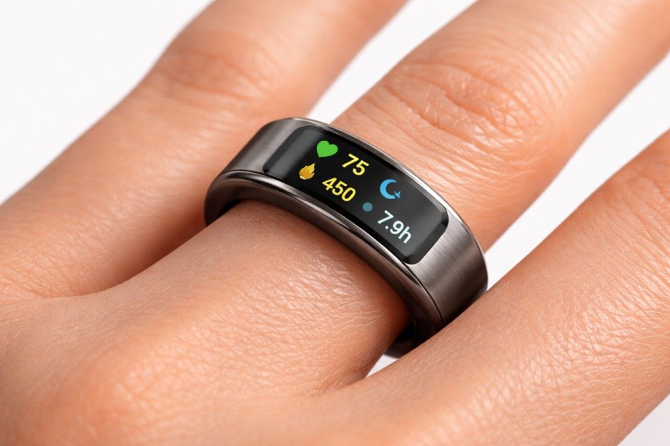Close-up of the Oura Ring 4 smart ring displaying health tracking features on a person’s finger.