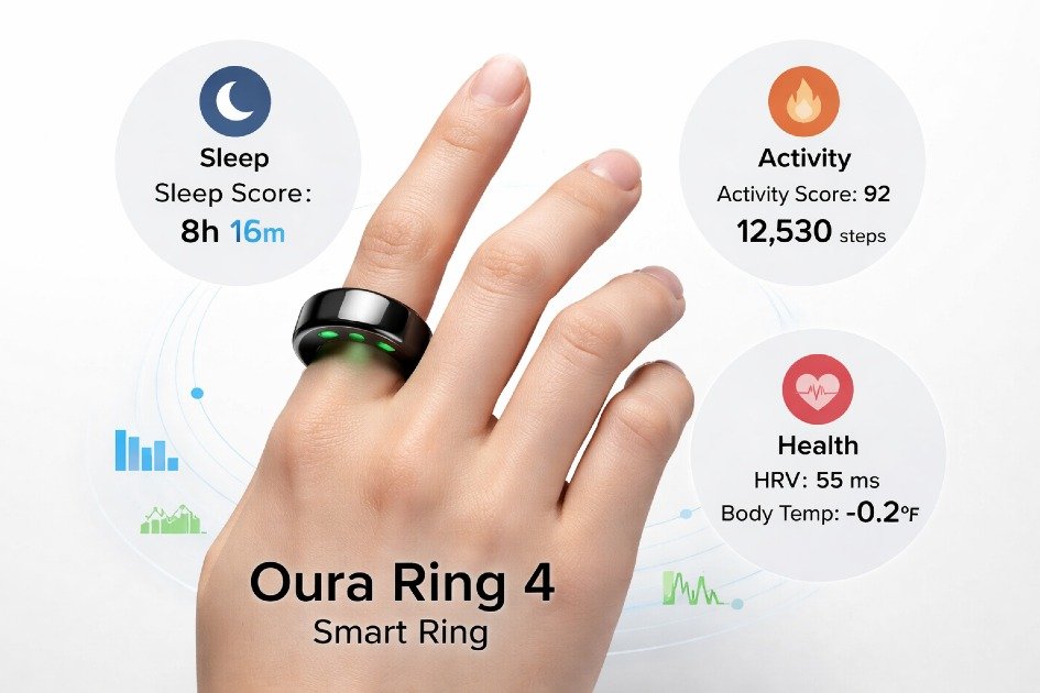 Oura Ring 4 Smart Ring on finger tracking sleep, activity, and health metrics.