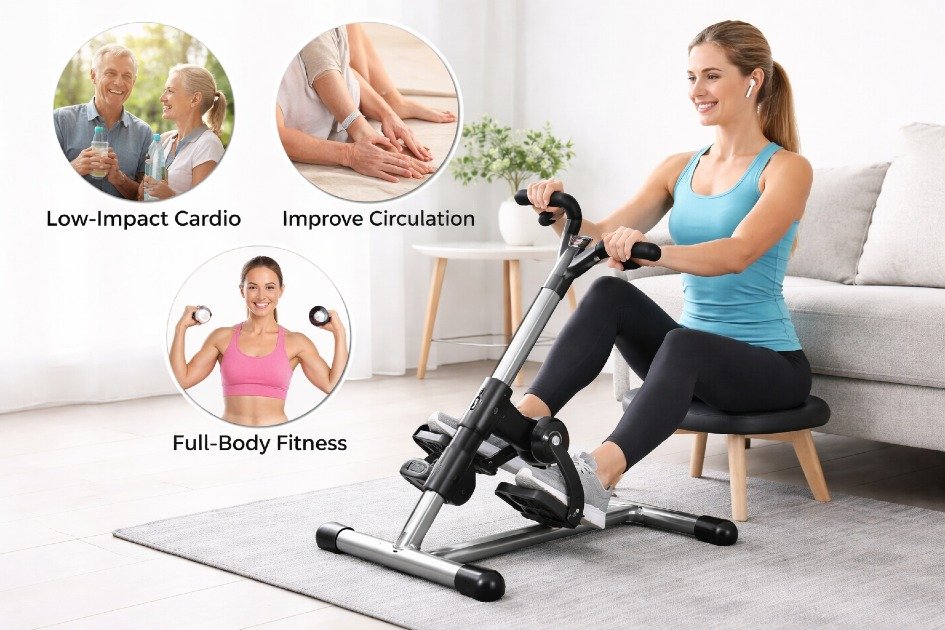 Compact arm and leg pedal exerciser used at home to improve low-impact cardio, circulation, and full-body fitness.
