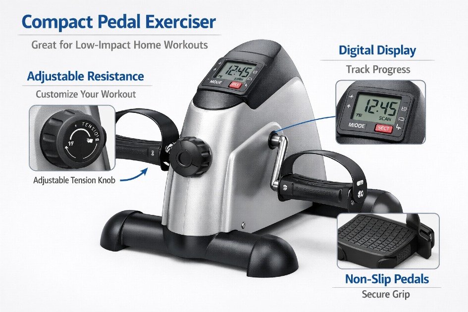 Compact pedal exerciser showing adjustable resistance, digital display, and non-slip pedals for convenient low-impact home workouts.