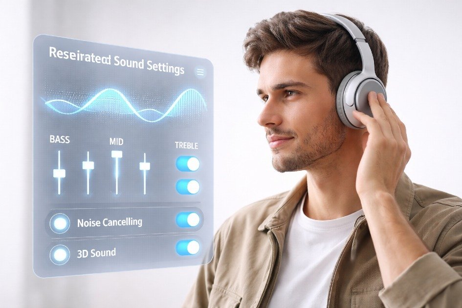 Person adjusting smart headphones with personalized sound settings for optimal listening experience.